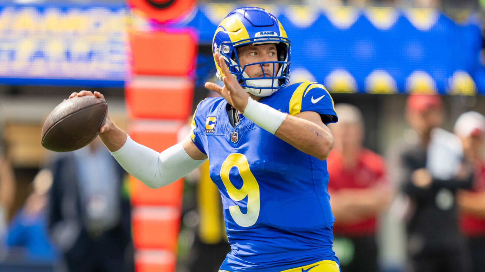 October 15, 2023; Inglewood, California, USA; Los Angeles Rams quarterback Matthew Stafford (9) passes the football during the first quarter against the Arizona Cardinals at SoFi Stadium.
