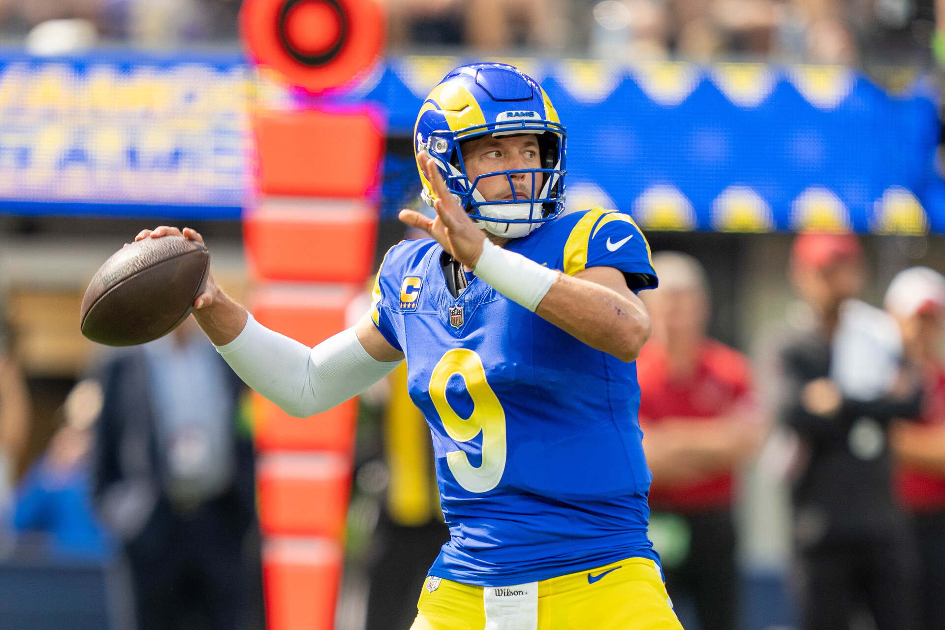 October 15, 2023; Inglewood, California, USA; Los Angeles Rams quarterback Matthew Stafford (9) passes the football during the first quarter against the Arizona Cardinals at SoFi Stadium.