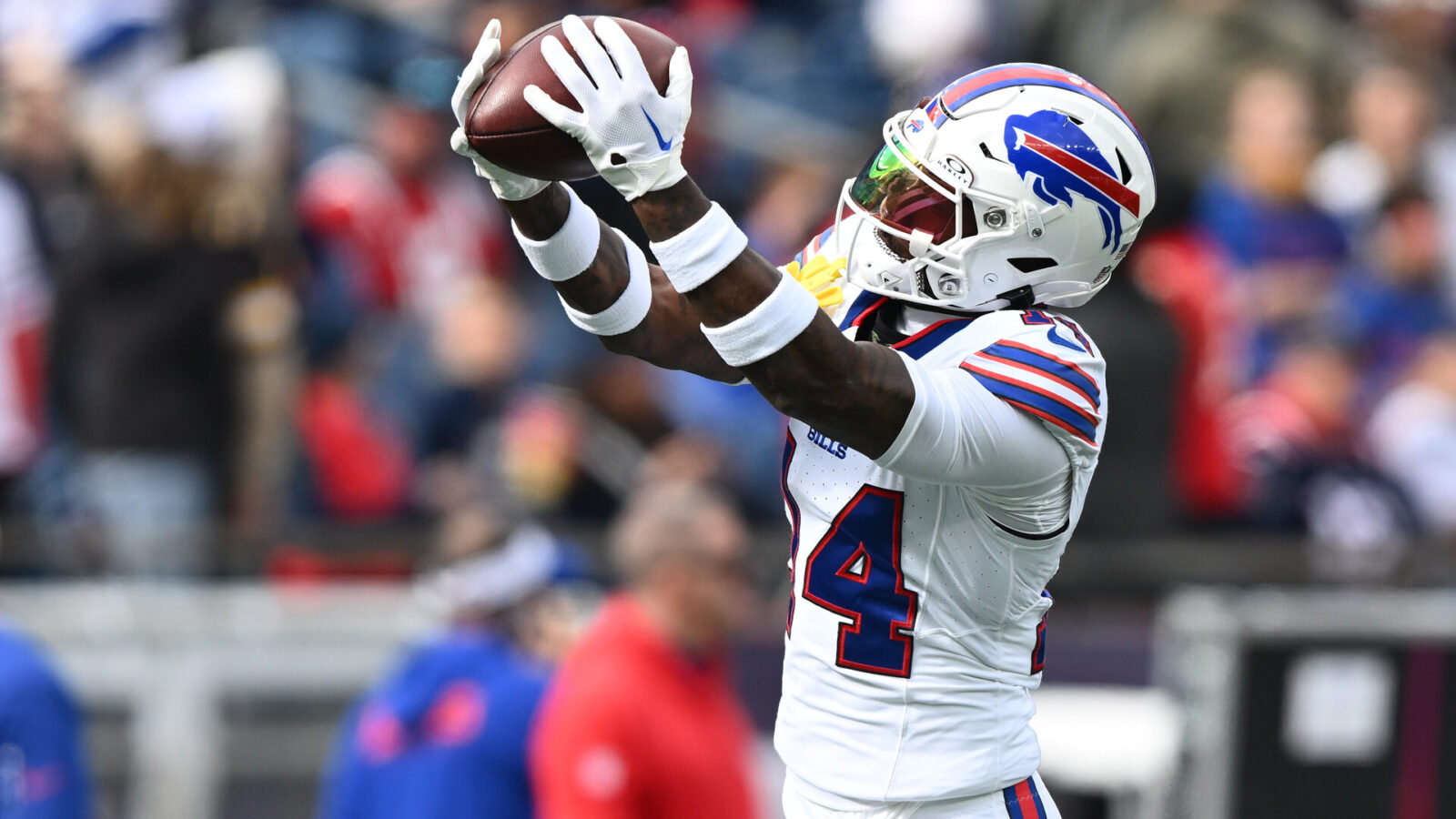 Oct 22, 2023; Foxborough, Massachusetts, USA; Buffalo Bills wide receiver Stefon Diggs (14) makes a catch during warmups before a game against the New England Patriots at Gillette Stadium.