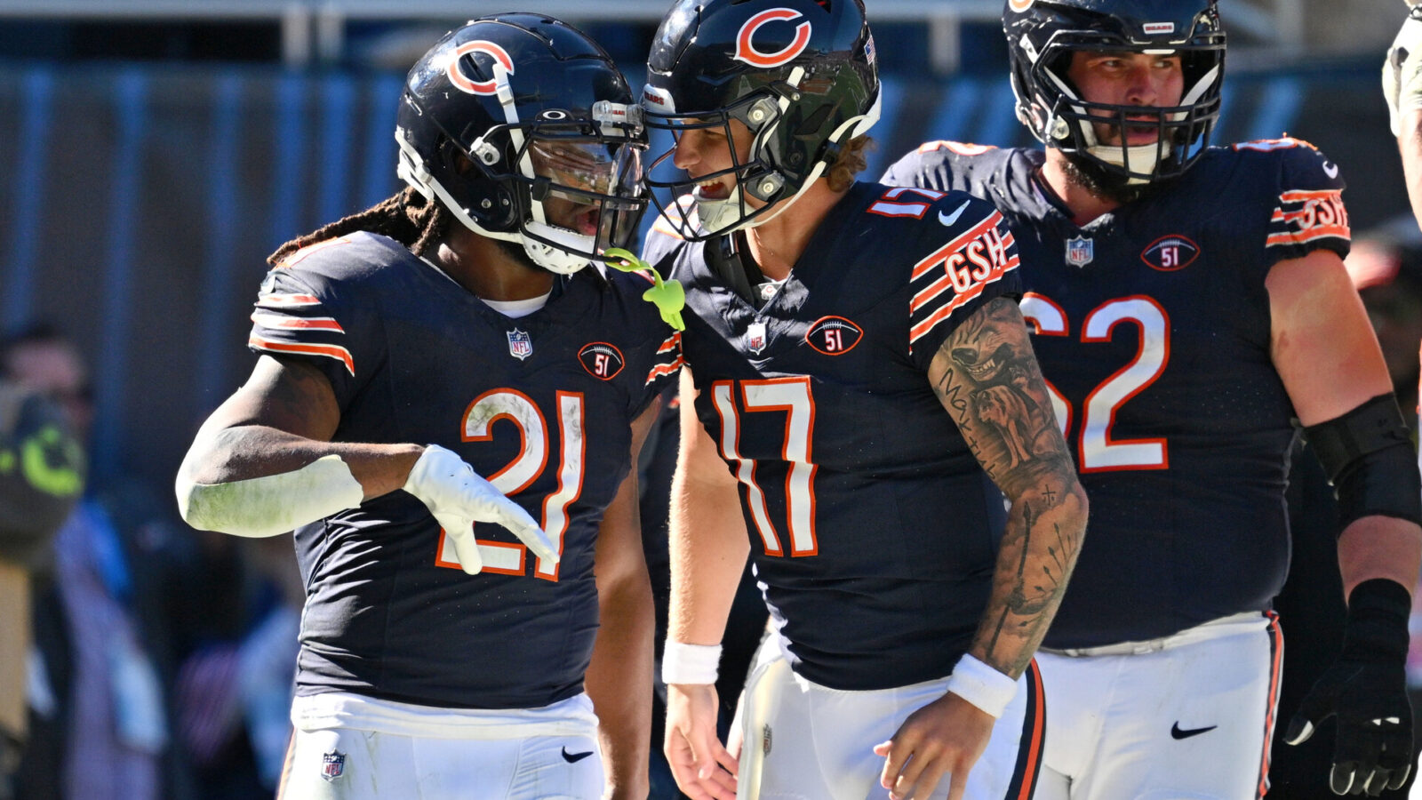 Chicago Bears running back D'Onta Foreman (21) celebrates with quarterback Tyson Bagent (17) after scoring a touch down in the third quarter against the Las Vegas Raiders at Soldier Field.