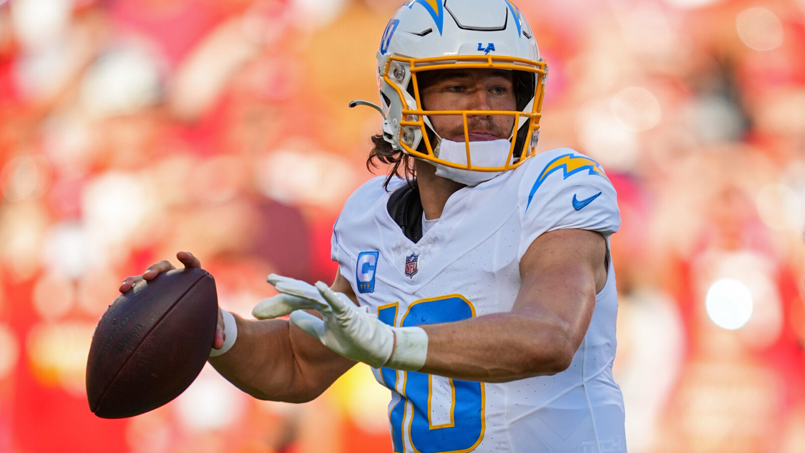 Oct 22, 2023; Kansas City, Missouri, USA; Los Angeles Chargers quarterback Justin Herbert (10) throws a pass during the second half against the Kansas City Chiefs at GEHA Field at Arrowhead Stadium.