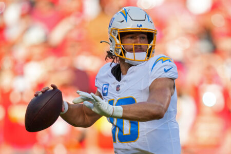 Oct 22, 2023; Kansas City, Missouri, USA; Los Angeles Chargers quarterback Justin Herbert (10) throws a pass during the second half against the Kansas City Chiefs at GEHA Field at Arrowhead Stadium.