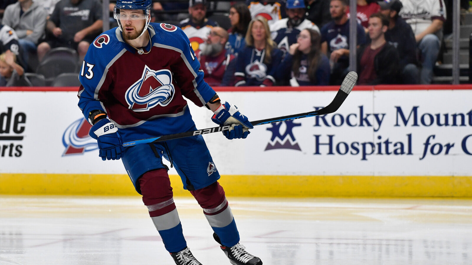 Oct 21, 2023; Denver, Colorado, USA; Colorado Avalanche right wing Valeri Nichushkin (13) in game against the Carolina Hurricanes at Ball Arena.