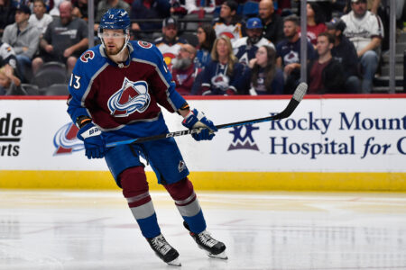 Oct 21, 2023; Denver, Colorado, USA; Colorado Avalanche right wing Valeri Nichushkin (13) in game against the Carolina Hurricanes at Ball Arena.