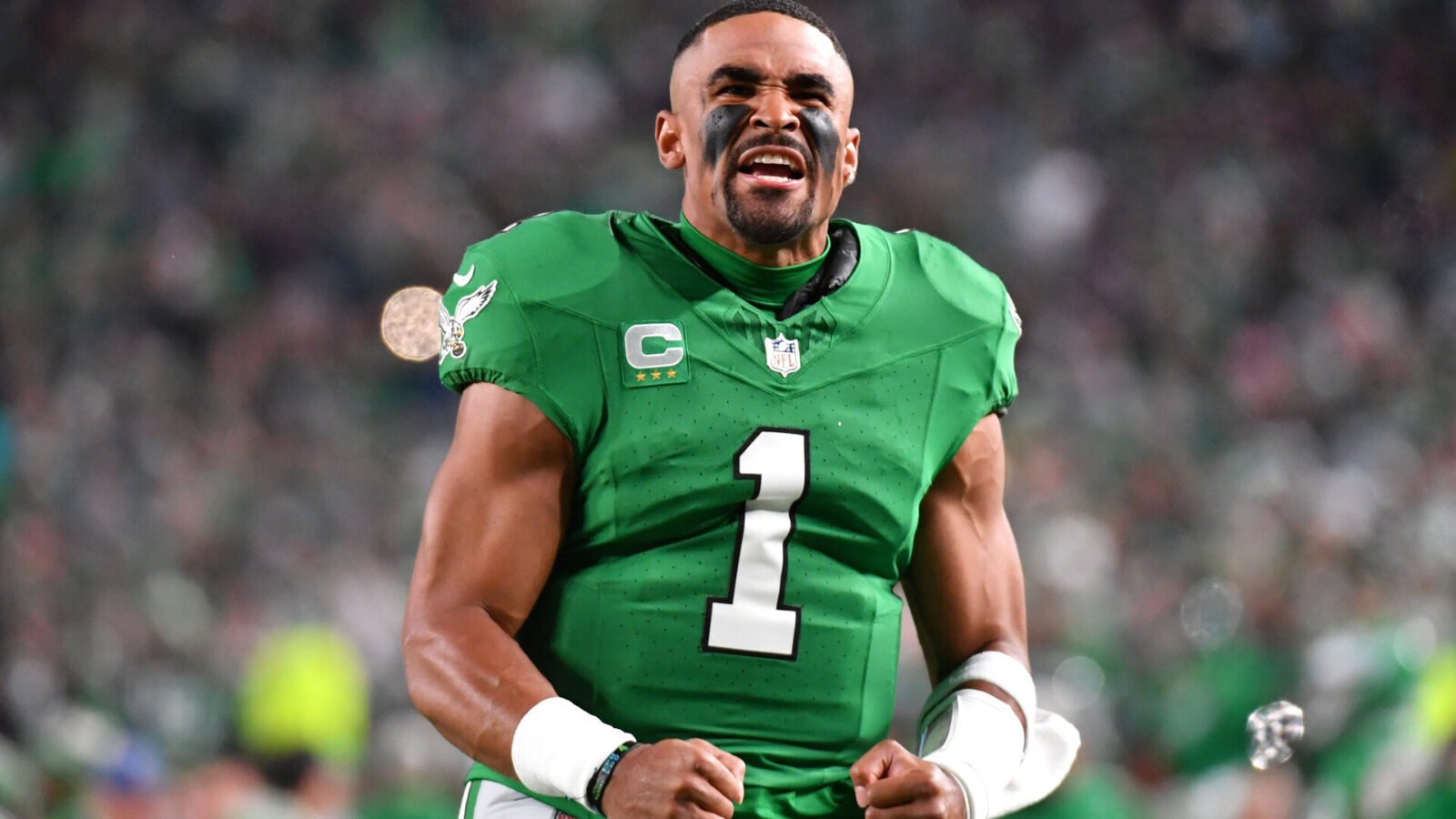Oct 22, 2023; Philadelphia, Pennsylvania, USA; Philadelphia Eagles quarterback Jalen Hurts (1) against the Miami Dolphins at Lincoln Financial Field.