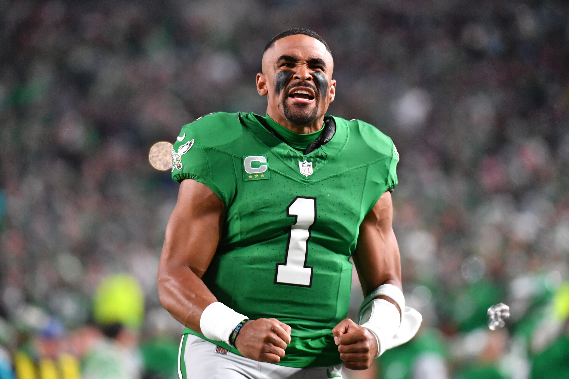 Oct 22, 2023; Philadelphia, Pennsylvania, USA; Philadelphia Eagles quarterback Jalen Hurts (1) against the Miami Dolphins at Lincoln Financial Field.