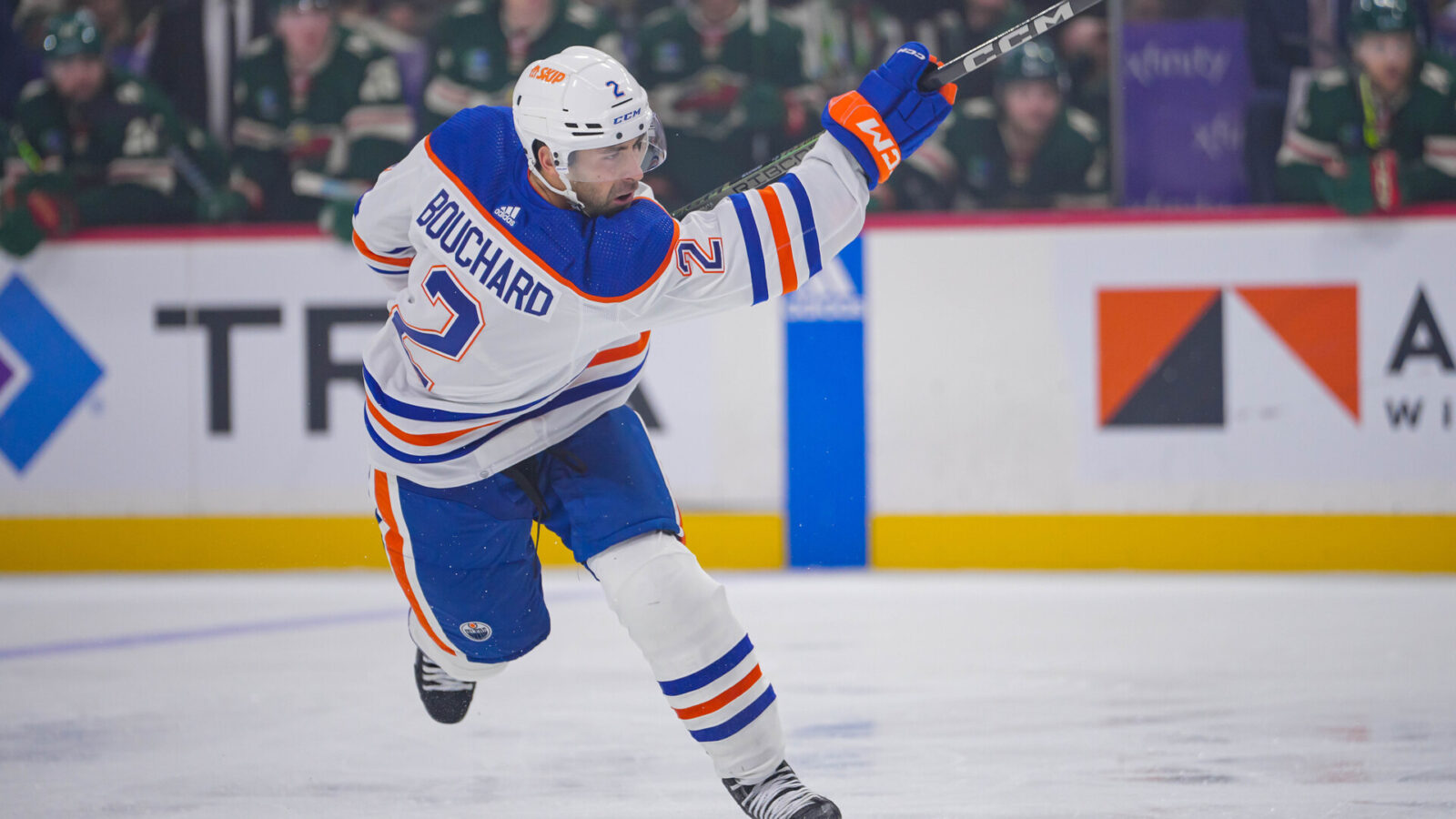 Oct 24, 2023; Saint Paul, Minnesota, USA; Edmonton Oilers defenseman Evan Bouchard (2) shoots against the Minnesota Wild in the first period at Xcel Energy Center.
