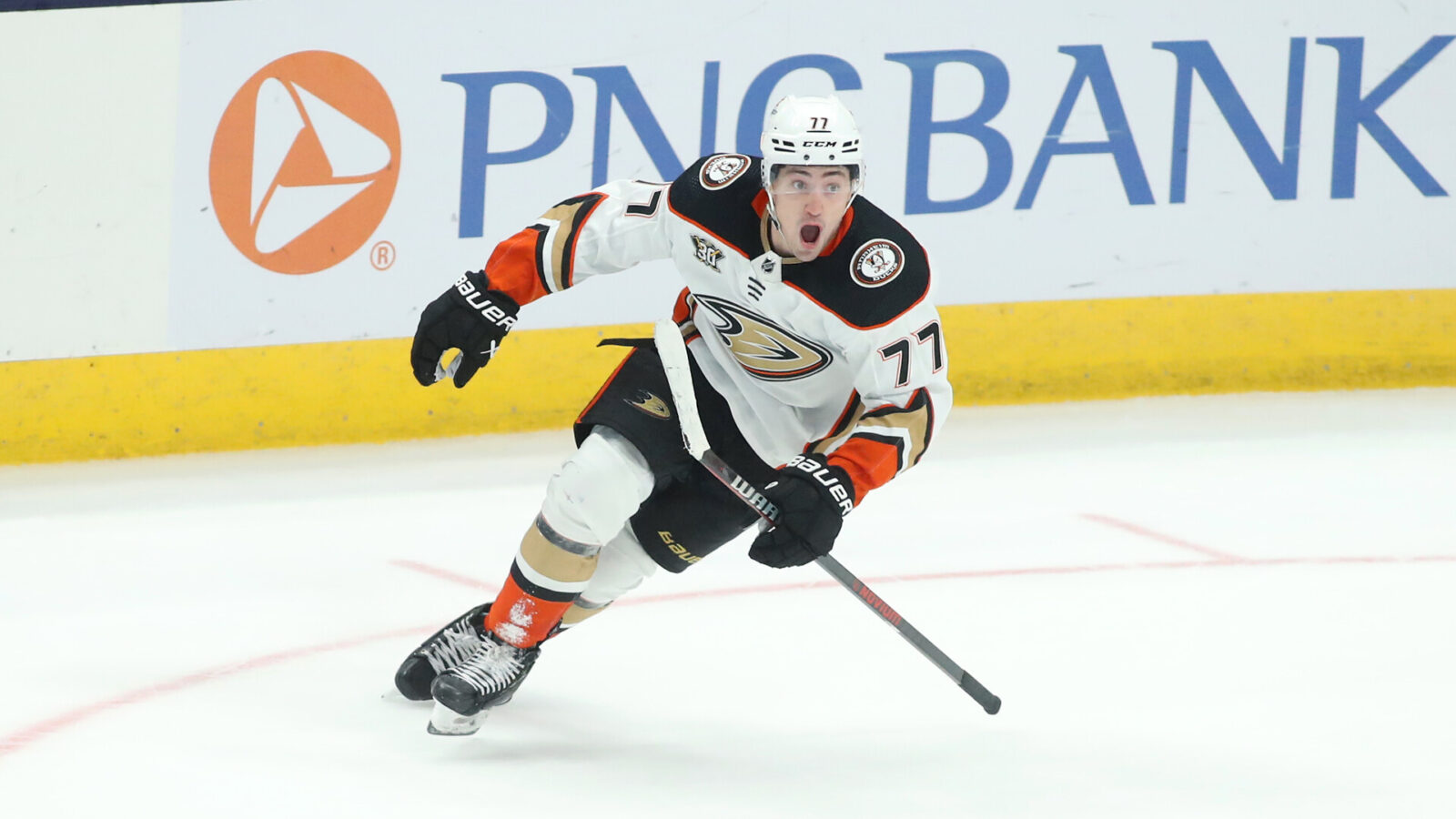 Oct 24, 2023; Columbus, Ohio, USA; Anaheim Ducks right wing Frank Vatrano (77) celebrates the game winning goal during the overtime period against the Columbus Blue Jackets at Nationwide Arena.