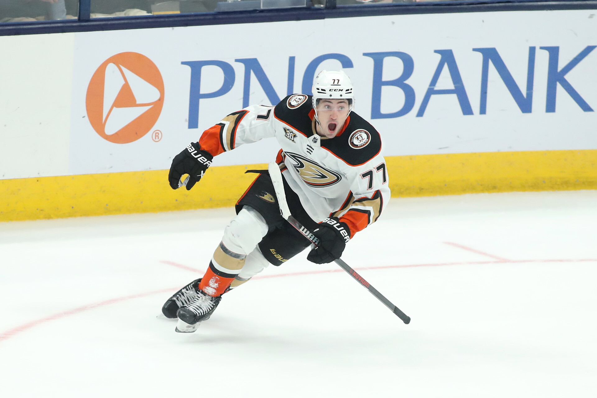 Oct 24, 2023; Columbus, Ohio, USA; Anaheim Ducks right wing Frank Vatrano (77) celebrates the game winning goal during the overtime period against the Columbus Blue Jackets at Nationwide Arena.