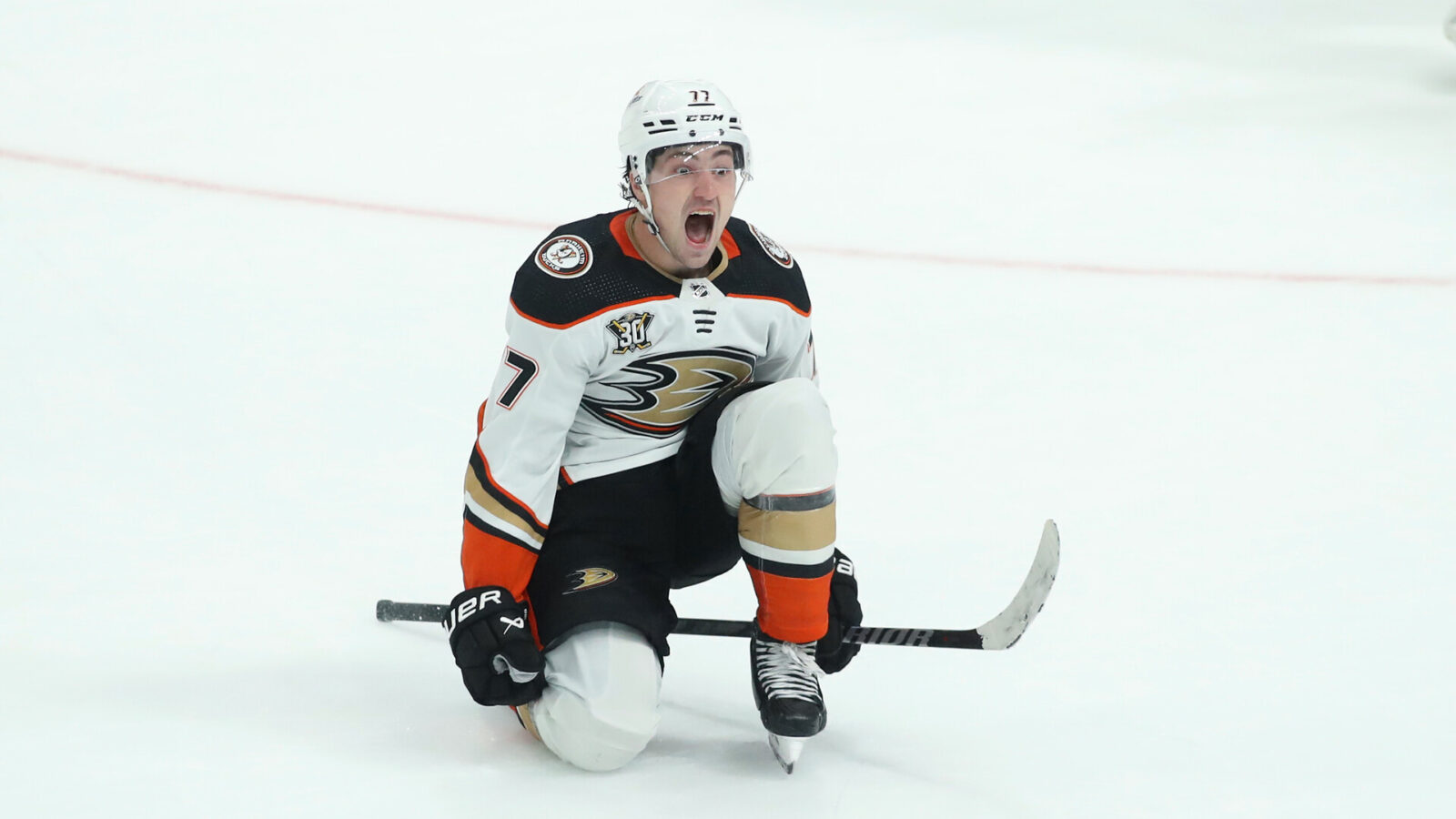 Oct 24, 2023; Columbus, Ohio, USA; Anaheim Ducks right wing Frank Vatrano (77) celebrates the game winning goal during the overtime period against the Columbus Blue Jackets at Nationwide Arena.