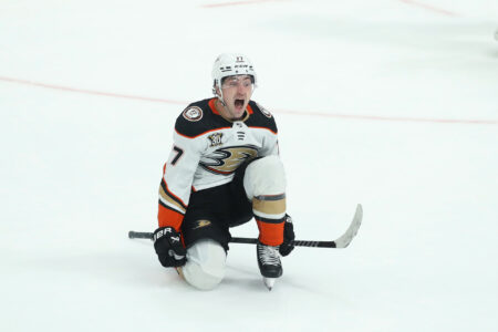 Oct 24, 2023; Columbus, Ohio, USA; Anaheim Ducks right wing Frank Vatrano (77) celebrates the game winning goal during the overtime period against the Columbus Blue Jackets at Nationwide Arena.