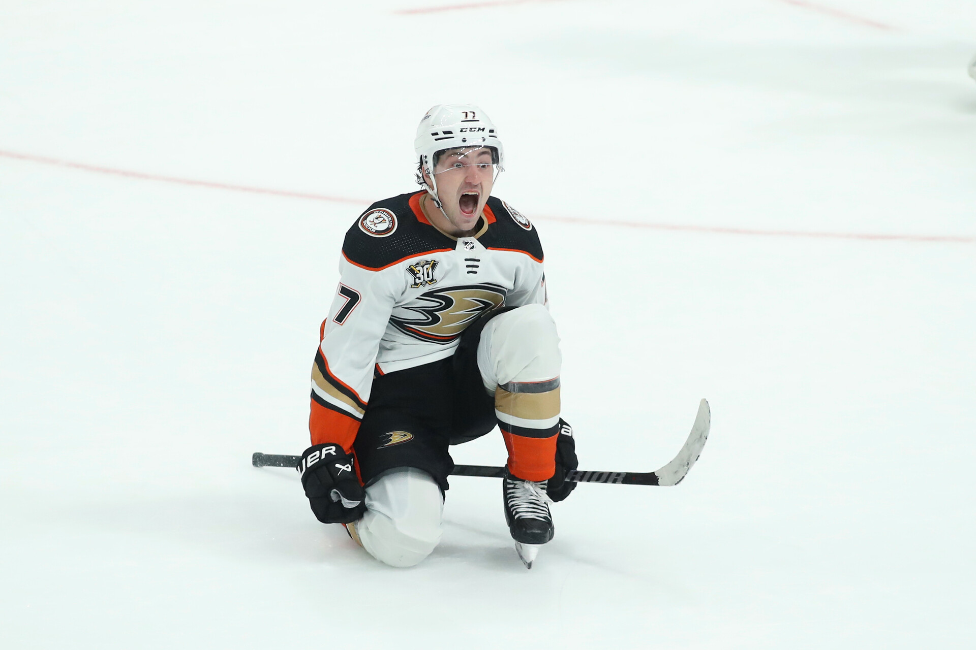 Oct 24, 2023; Columbus, Ohio, USA; Anaheim Ducks right wing Frank Vatrano (77) celebrates the game winning goal during the overtime period against the Columbus Blue Jackets at Nationwide Arena.