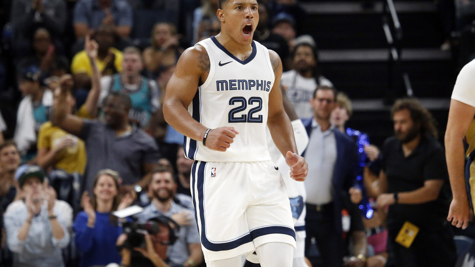 Memphis Grizzlies guard Desmond Bane (22) reacts during the second half against the New Orleans Pelicans at FedExForum.