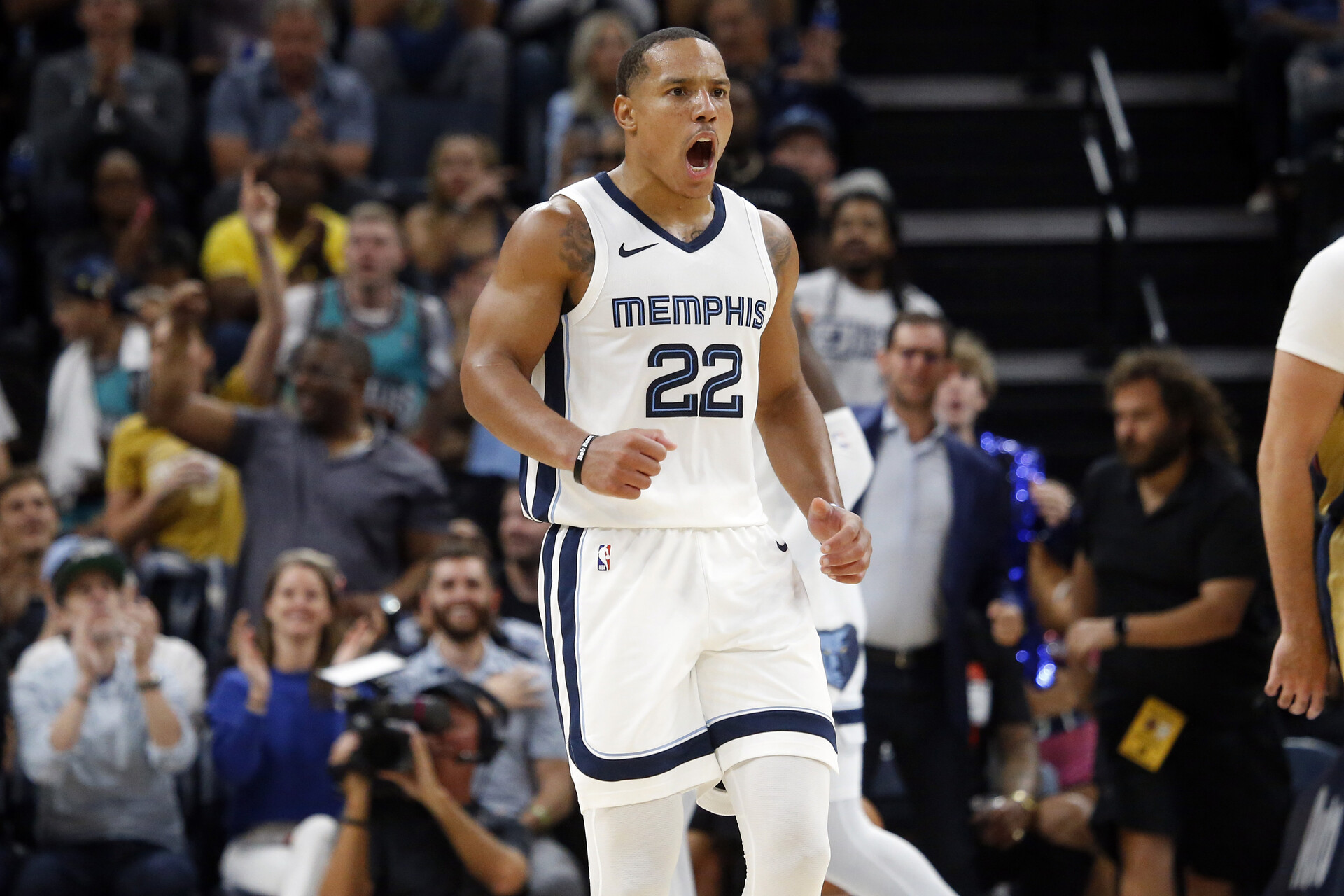 Memphis Grizzlies guard Desmond Bane (22) reacts during the second half against the New Orleans Pelicans at FedExForum.