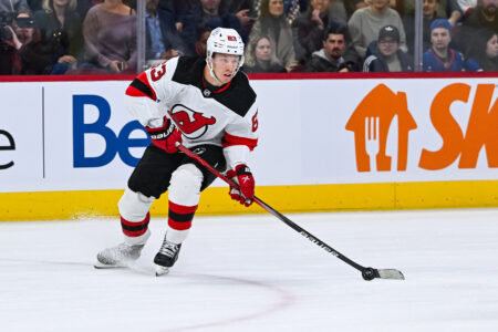 Oct 24, 2023; Montreal, Quebec, CAN; New Jersey Devils left wing Jesper Bratt (63) plays the puck against the Montreal Canadiens during the first period at Bell Centre.