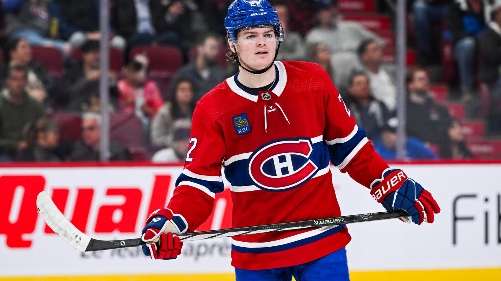 Montreal Canadiens right wing Cole Caufield (22) looks on against the New Jersey Devils during the first period at Bell Centre.