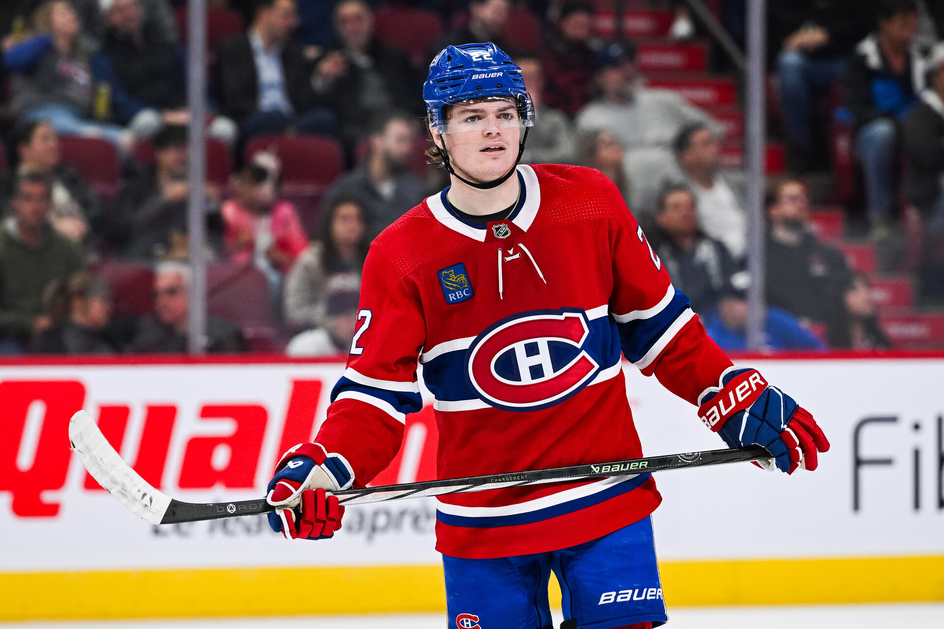 Montreal Canadiens right wing Cole Caufield (22) looks on against the New Jersey Devils during the first period at Bell Centre.
