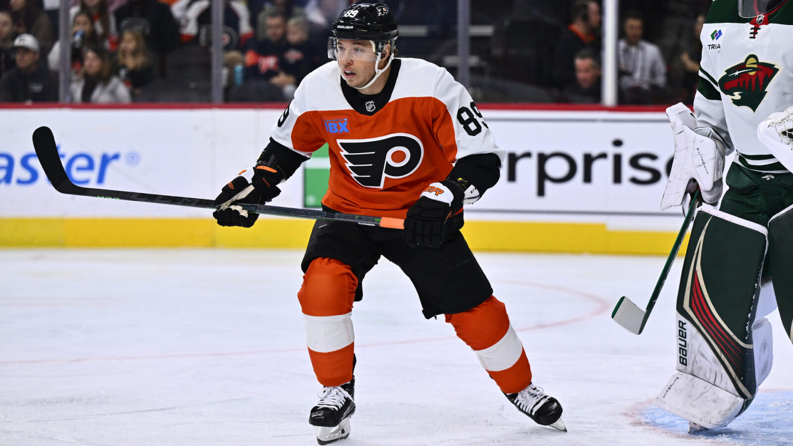 Oct 26, 2023; Philadelphia, Pennsylvania, USA; Philadelphia Flyers right wing Cam Atkinson (89) in action against the Minnesota Wild in the first period at Wells Fargo Center.