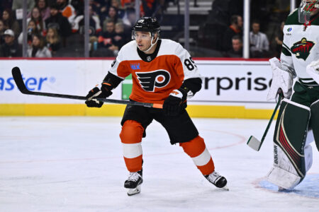Oct 26, 2023; Philadelphia, Pennsylvania, USA; Philadelphia Flyers right wing Cam Atkinson (89) in action against the Minnesota Wild in the first period at Wells Fargo Center.