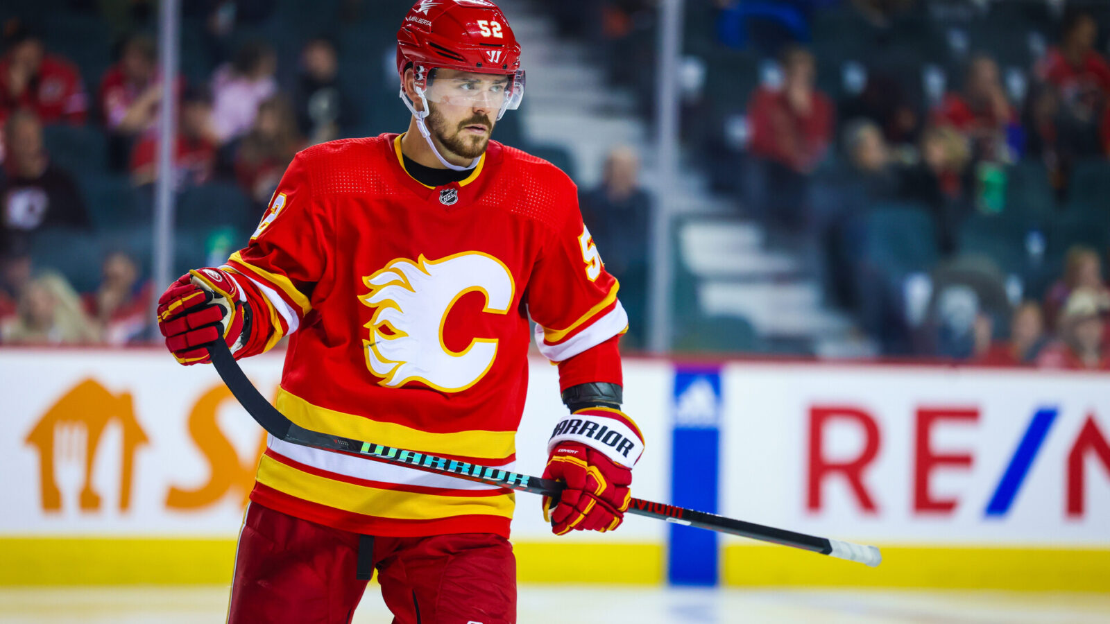 Oct 26, 2023; Calgary, Alberta, CAN; Calgary Flames defenseman MacKenzie Weegar (52) during the third period against the St. Louis Blues at Scotiabank Saddledome.