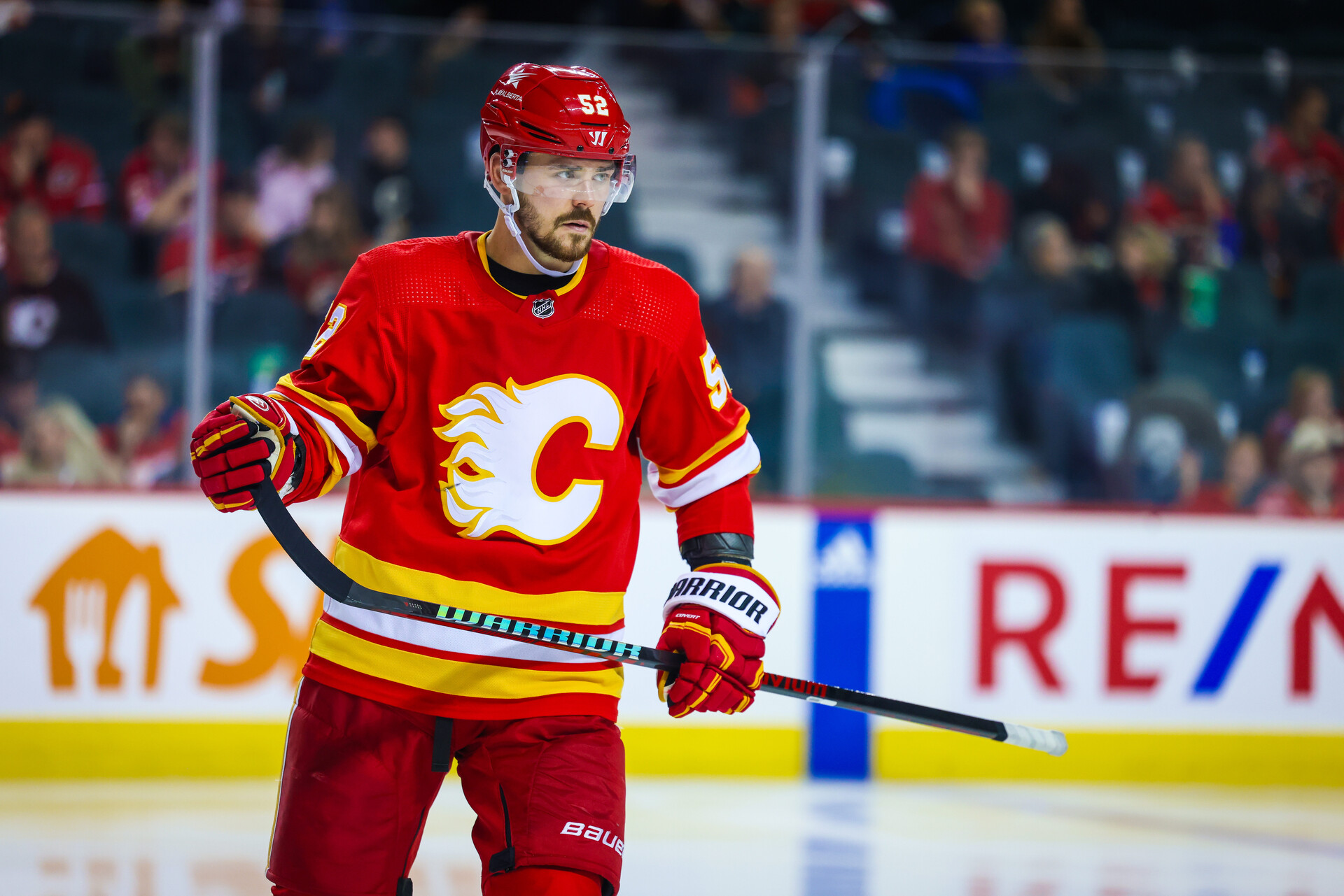 Oct 26, 2023; Calgary, Alberta, CAN; Calgary Flames defenseman MacKenzie Weegar (52) during the third period against the St. Louis Blues at Scotiabank Saddledome.