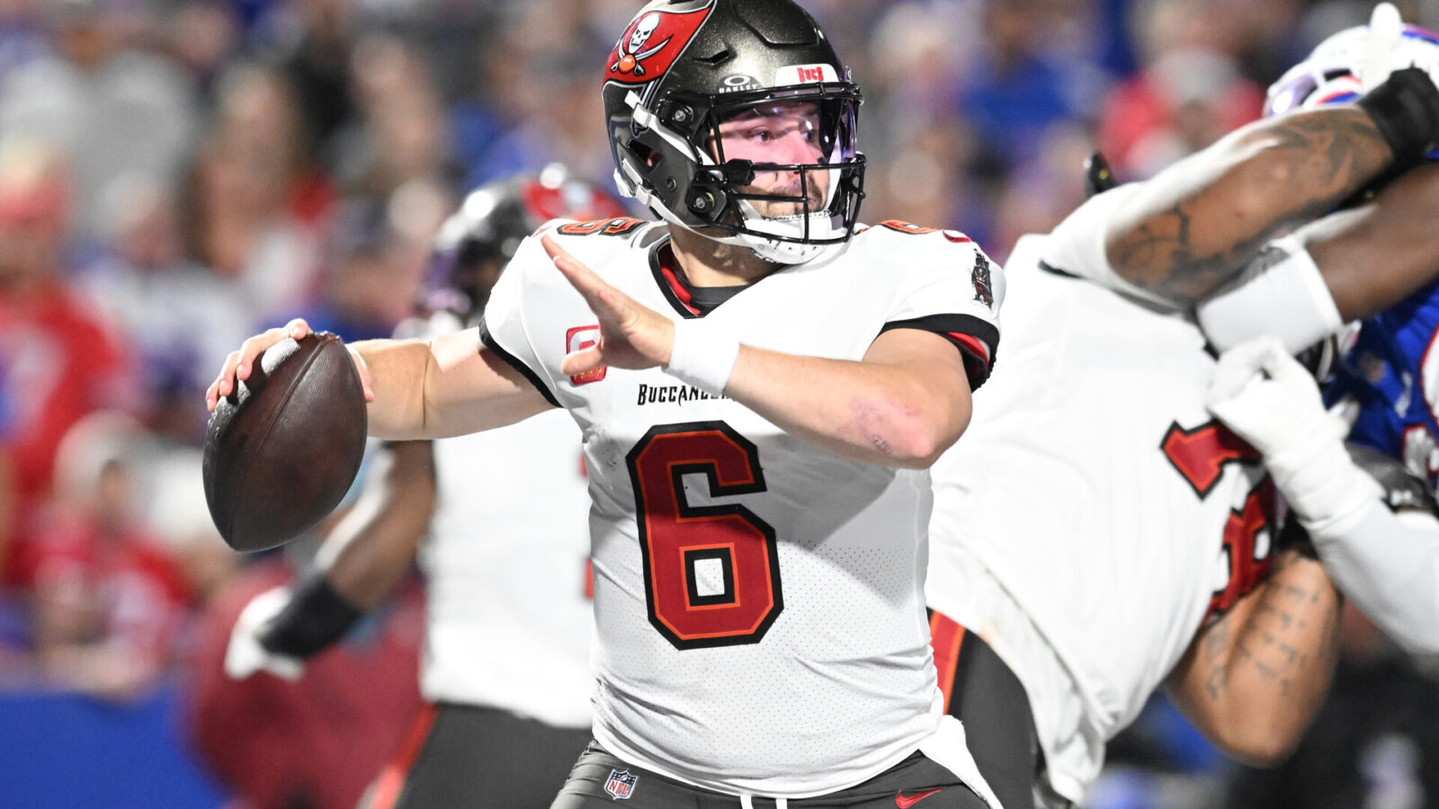 Oct 26, 2023; Orchard Park, New York, USA; Tampa Bay Buccaneers quarterback Baker Mayfield (6) throws a pass in the fourth quarter against the Buffalo Bills at Highmark Stadium.