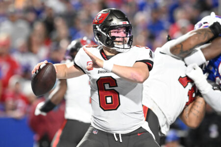 Oct 26, 2023; Orchard Park, New York, USA; Tampa Bay Buccaneers quarterback Baker Mayfield (6) throws a pass in the fourth quarter against the Buffalo Bills at Highmark Stadium.