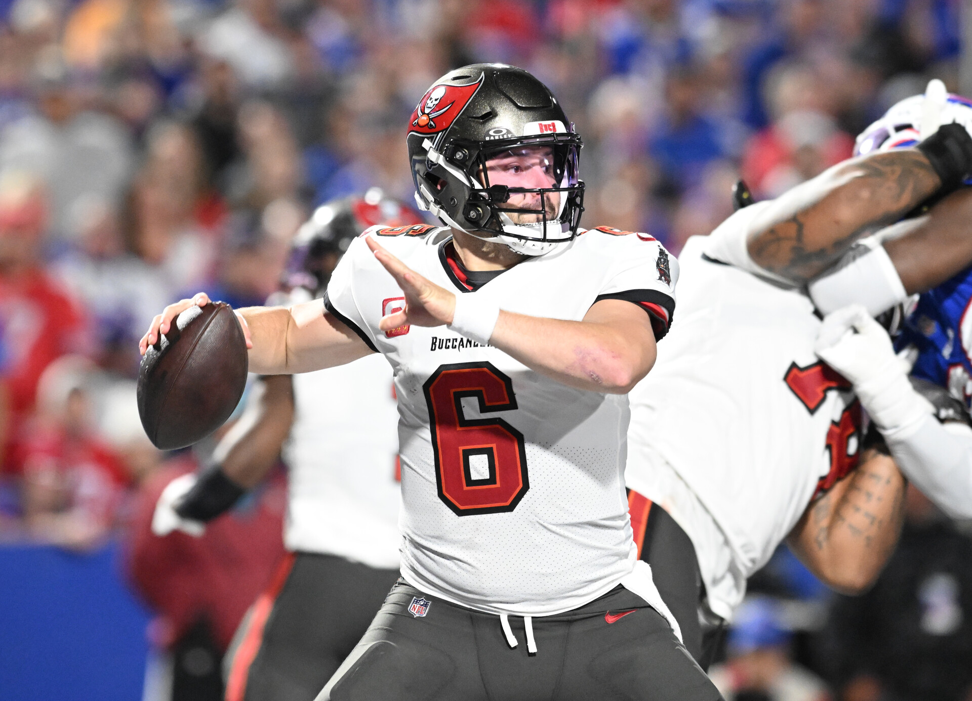 Oct 26, 2023; Orchard Park, New York, USA; Tampa Bay Buccaneers quarterback Baker Mayfield (6) throws a pass in the fourth quarter against the Buffalo Bills at Highmark Stadium.