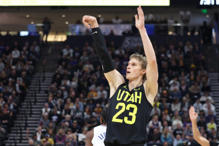 Oct 27, 2023; Salt Lake City, Utah, USA; Utah Jazz forward Lauri Markkanen (23) holds his follow through after making a three point shot against the Los Angeles Clippers in the first quarter at Delta Center.