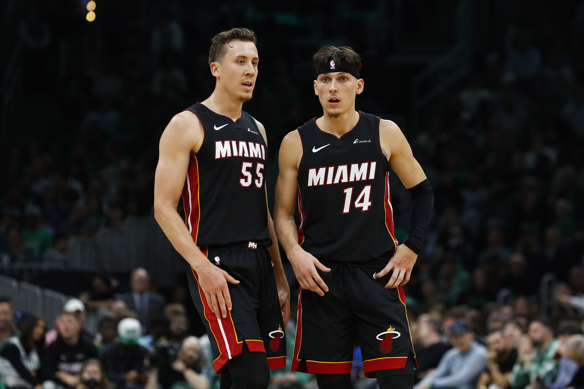 Oct 27, 2023; Boston, Massachusetts, USA; Miami Heat forward Duncan Robinson (55) and guard Tyler Herro (14) during the second half against the Boston Celtics at TD Garden.