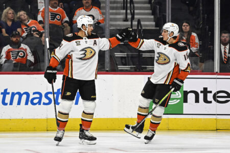 Oct 28, 2023; Philadelphia, Pennsylvania, USA; Anaheim Ducks center Ryan Strome (16) celebrates his goal with defenseman Cam Fowler (4) during the first period against the Philadelphia Flyers at Wells Fargo Center.