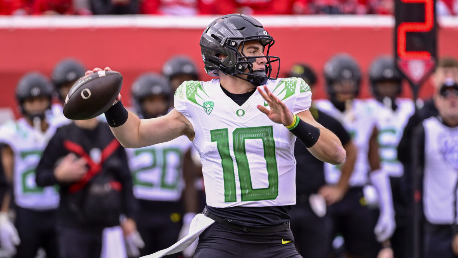 Oct 28, 2023; Salt Lake City, Utah, USA; Oregon Ducks quarterback Bo Nix (10) throws the ball downfield against the Utah Utes during the first half at Rice-Eccles Stadium.