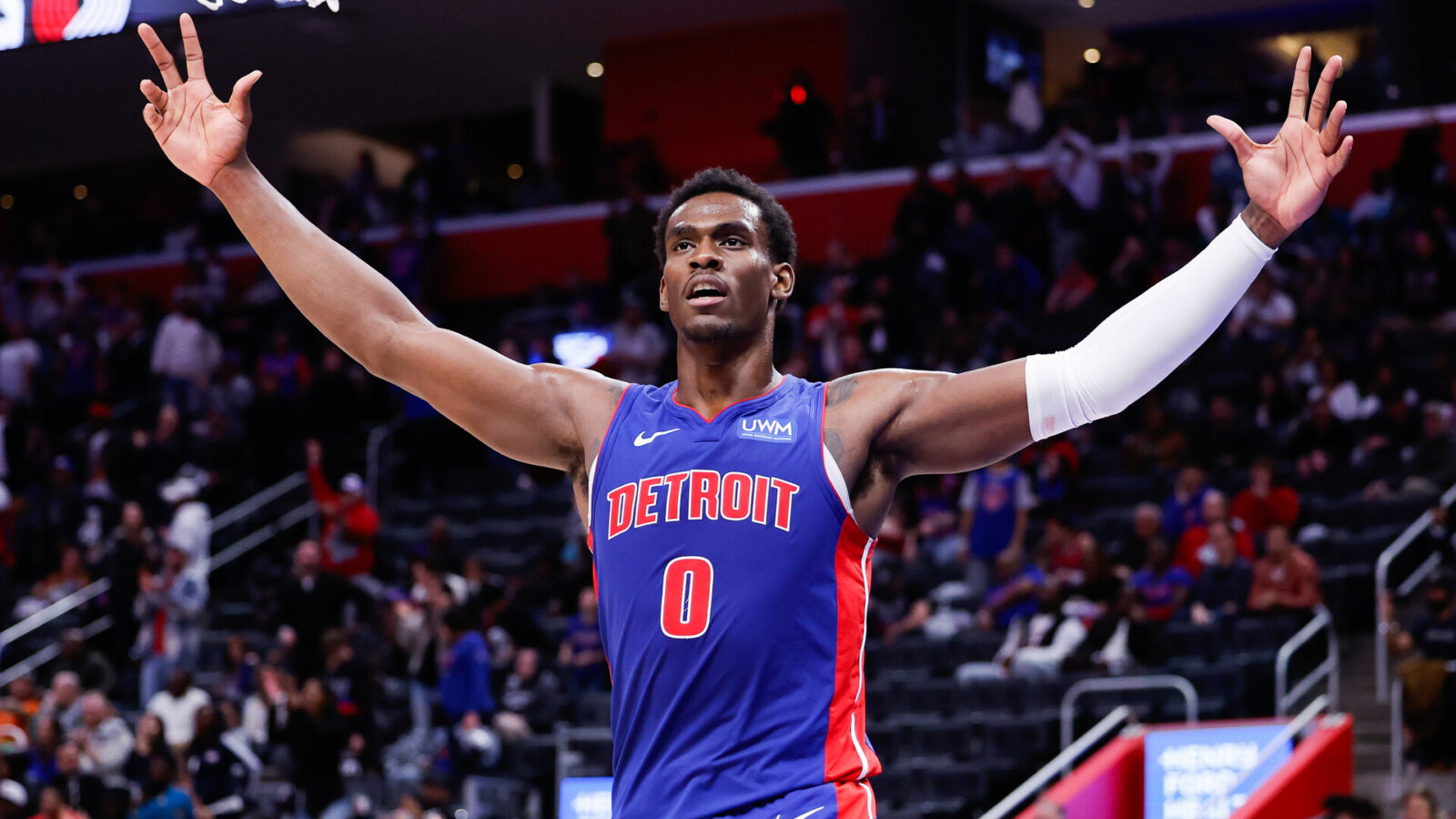 Oct 28, 2023; Detroit, Michigan, USA; Detroit Pistons center Jalen Duren (0) celebrates during the second half against the Chicago Bulls at Little Caesars Arena.