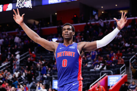 Oct 28, 2023; Detroit, Michigan, USA; Detroit Pistons center Jalen Duren (0) celebrates during the second half against the Chicago Bulls at Little Caesars Arena.