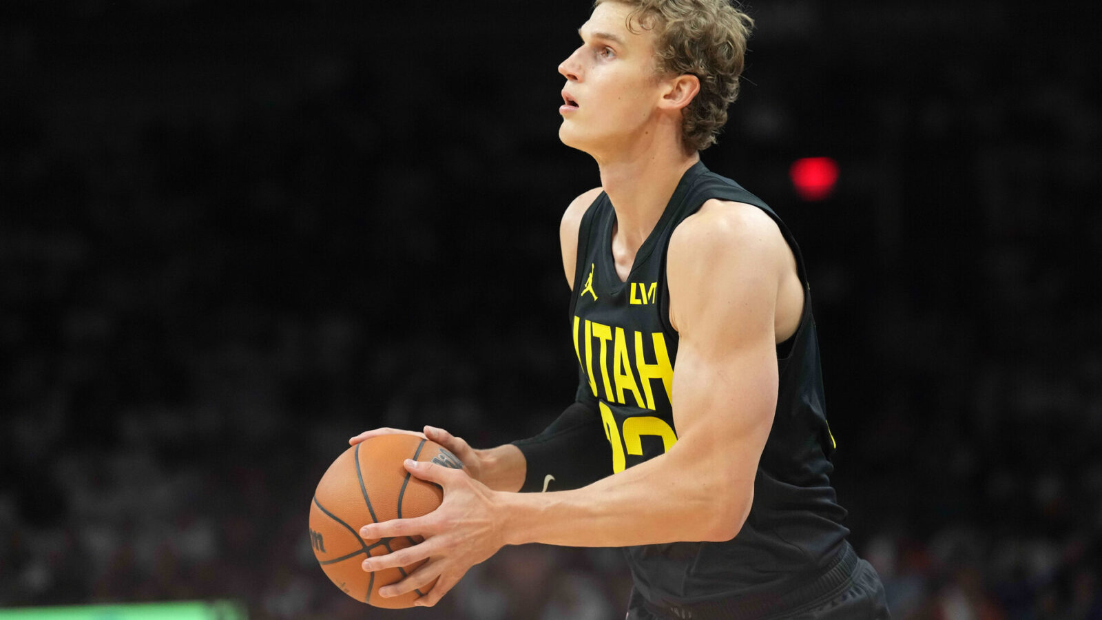 Oct 28, 2023; Phoenix, Arizona, USA; Utah Jazz forward Lauri Markkanen (23) shoots against the Phoenix Suns during the first half at Footprint Center.