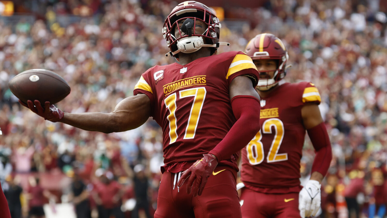 Oct 29, 2023; Landover, Maryland, USA; Washington Commanders wide receiver Terry McLaurin (17) celebrates after catching a touchdown pass against the Philadelphia Eagles during the first quarter at FedExField.
