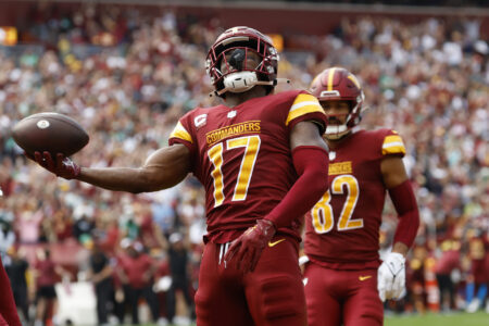 Oct 29, 2023; Landover, Maryland, USA; Washington Commanders wide receiver Terry McLaurin (17) celebrates after catching a touchdown pass against the Philadelphia Eagles during the first quarter at FedExField.