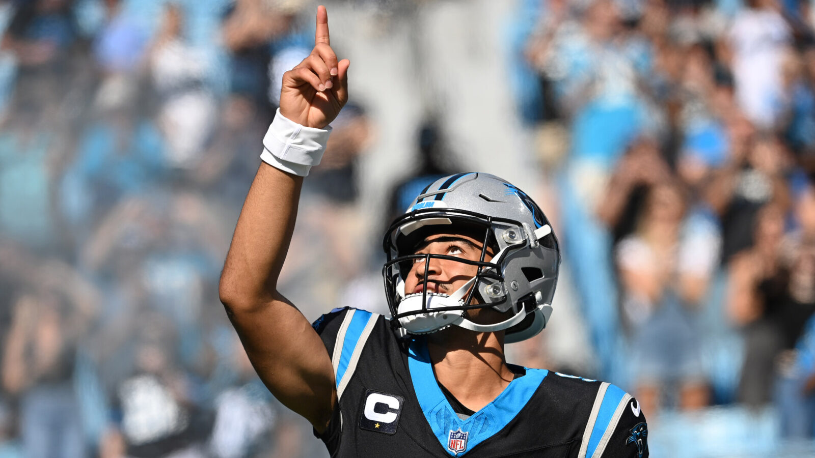 Oct 29, 2023; Charlotte, North Carolina, USA; Carolina Panthers quarterback Bryce Young (9) runs on to the field before the game at Bank of America Stadium.