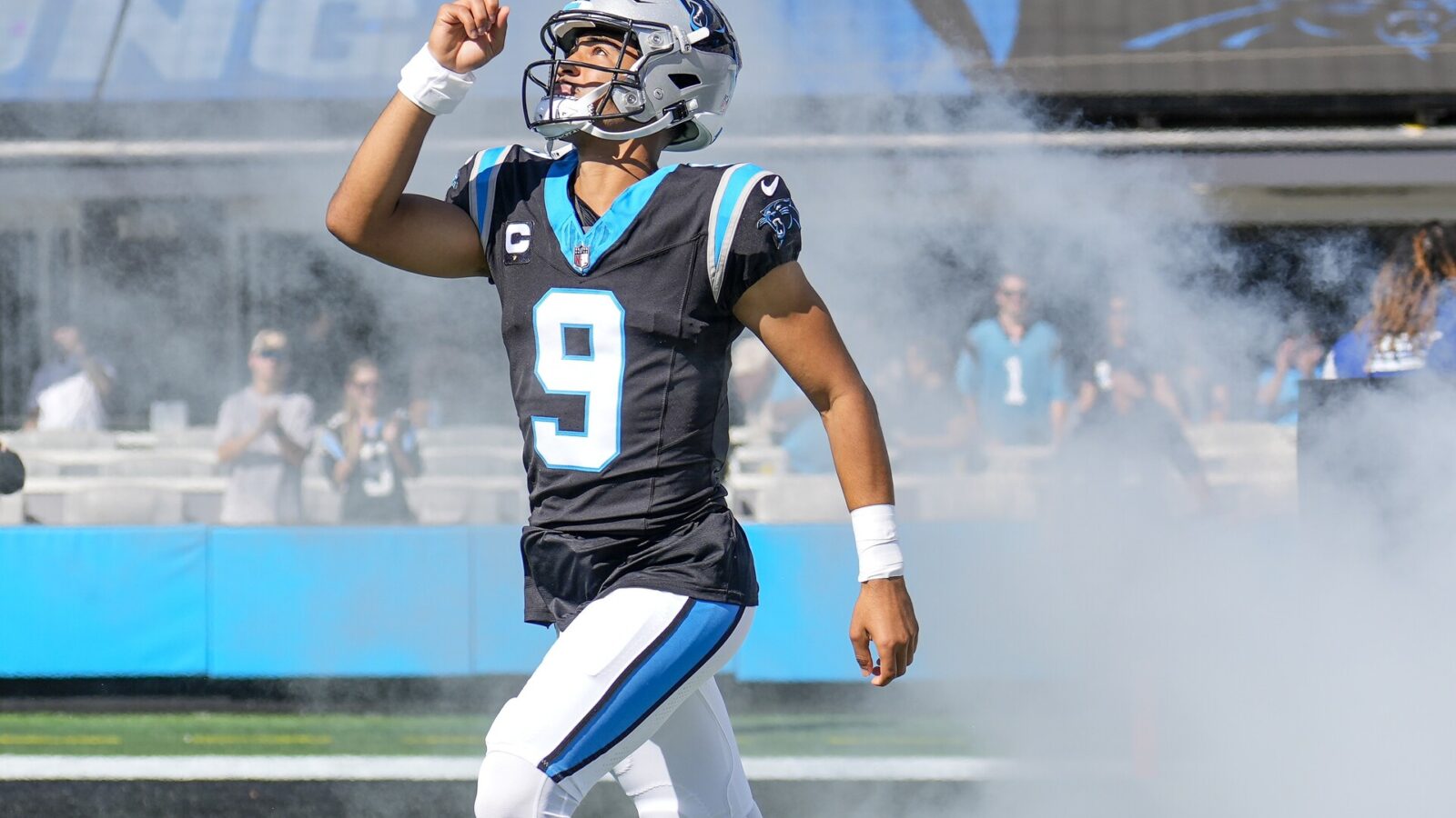 Carolina Panthers quarterback Bryce Young (9) takes the field during the first quarter against the Houston Texans at Bank of America Stadium.