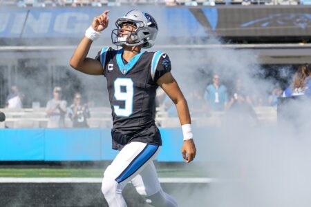 Carolina Panthers quarterback Bryce Young (9) takes the field during the first quarter against the Houston Texans at Bank of America Stadium.