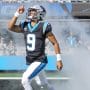Carolina Panthers quarterback Bryce Young (9) takes the field during the first quarter against the Houston Texans at Bank of America Stadium.