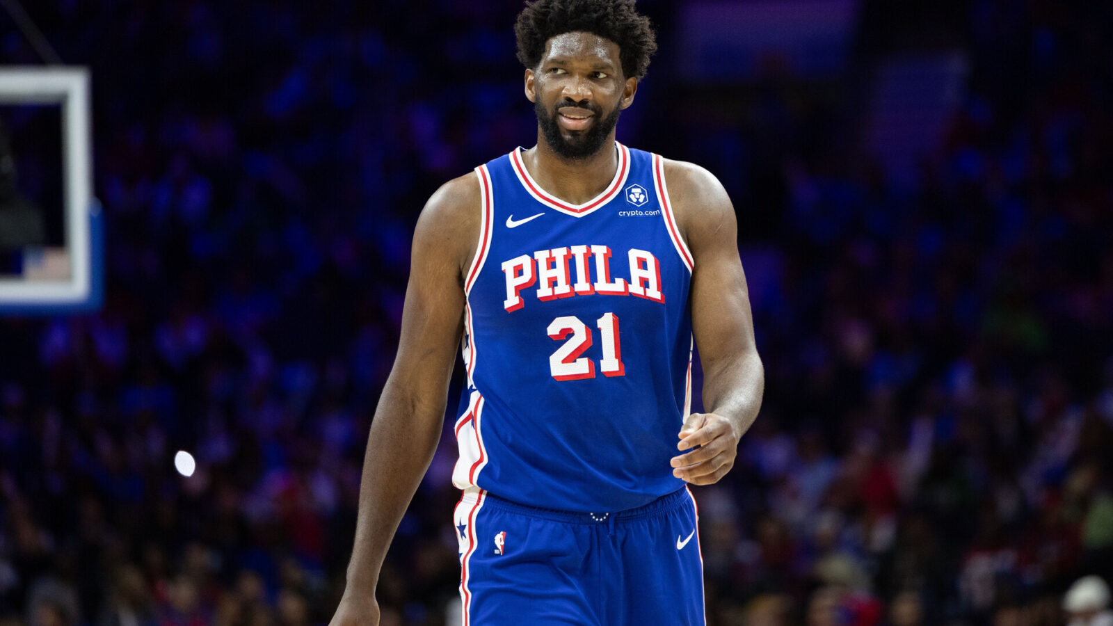 Oct 29, 2023; Philadelphia, Pennsylvania, USA; Philadelphia 76ers center Joel Embiid (21) smiles after a score against the Portland Trail Blazers during the third quarter at Wells Fargo Center.