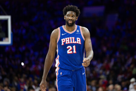 Oct 29, 2023; Philadelphia, Pennsylvania, USA; Philadelphia 76ers center Joel Embiid (21) smiles after a score against the Portland Trail Blazers during the third quarter at Wells Fargo Center.