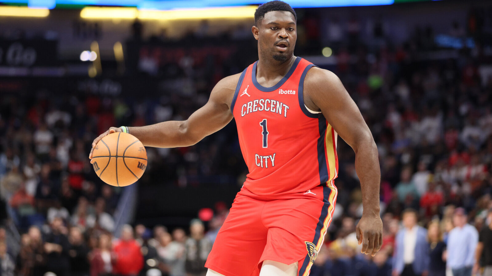 Oct 30, 2023; New Orleans, Louisiana, USA; New Orleans Pelicans forward Zion Williamson (1) dribbles the ball in the first quarter at Smoothie King Center.