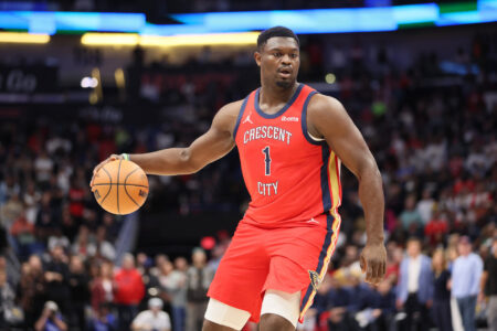 Oct 30, 2023; New Orleans, Louisiana, USA; New Orleans Pelicans forward Zion Williamson (1) dribbles the ball in the first quarter at Smoothie King Center.