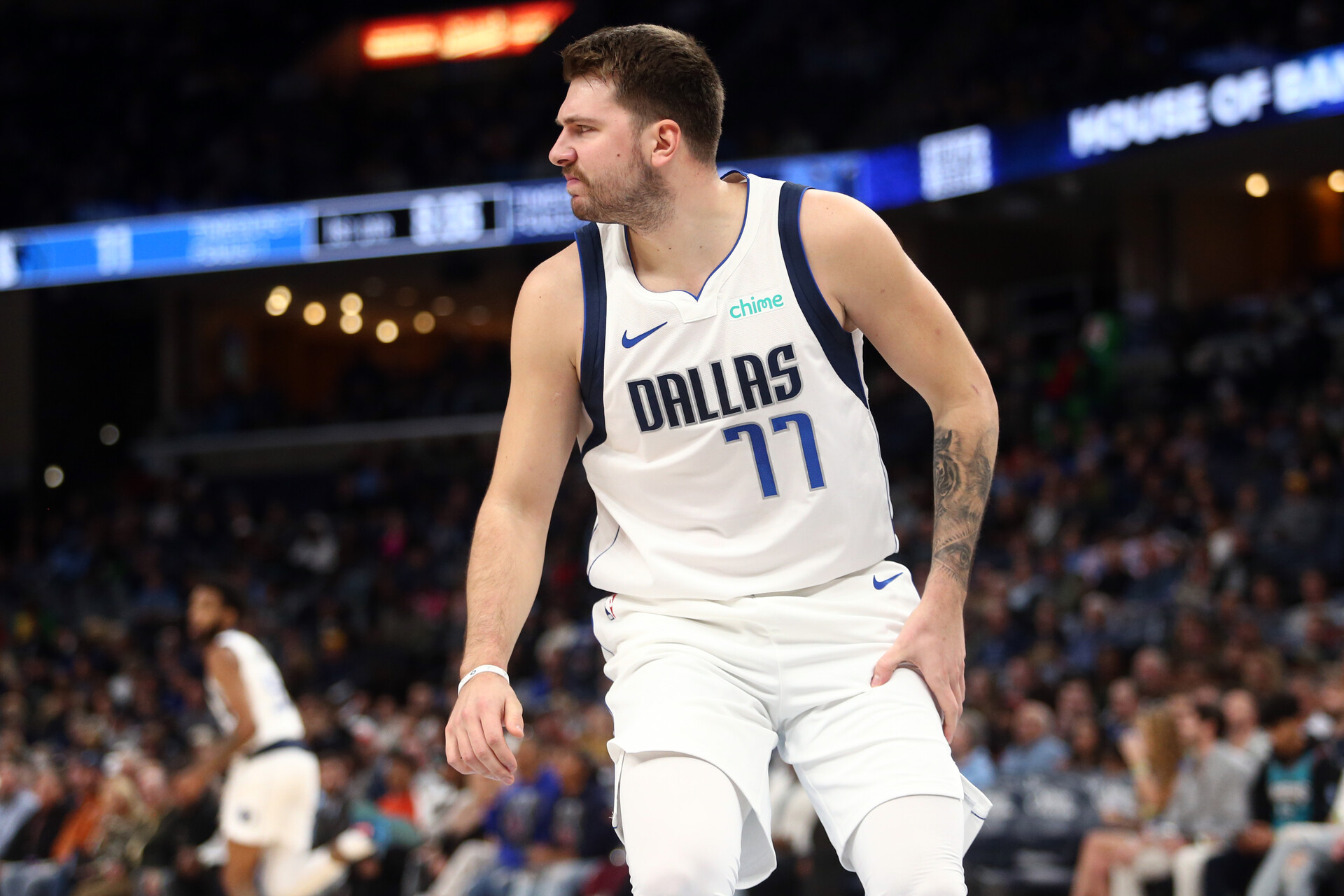 Oct 30, 2023; Memphis, Tennessee, USA; Dallas Mavericks guard Luka Doncic (77) reacts after being knocked down during the first half against the Memphis Grizzlies at FedExForum