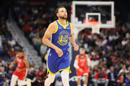 Oct 30, 2023; New Orleans, Louisiana, USA; Golden State Warriors guard Stephen Curry (30) runs down the court after making a 3-point shot in the first quarter at Smoothie King Center