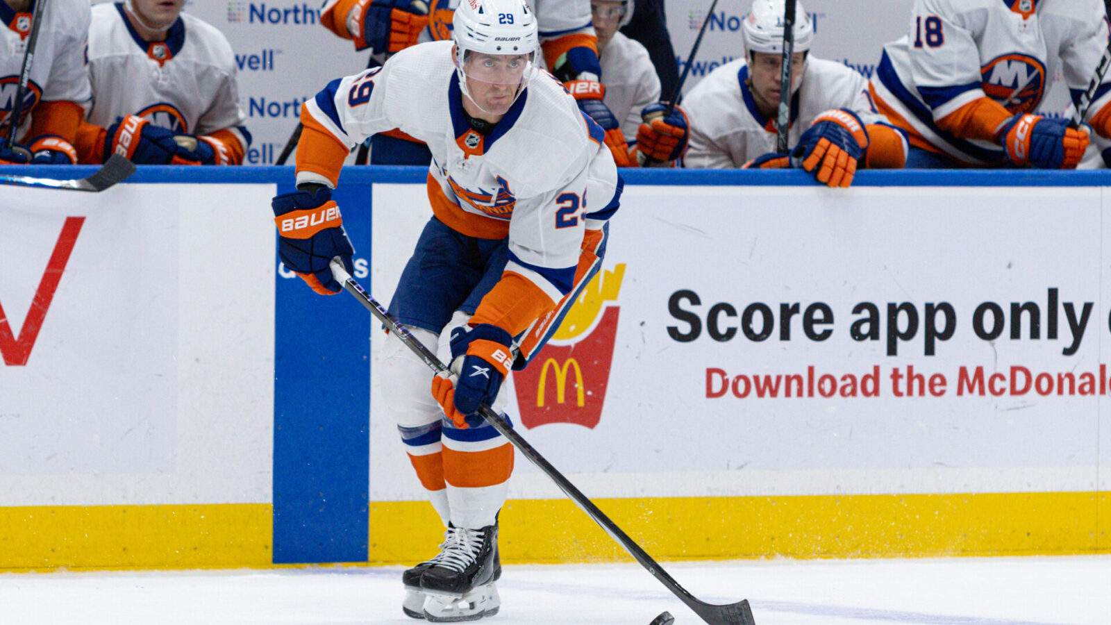 Oct 30, 2023; Elmont, New York, USA; New York Islanders center Brock Nelson (29) moves the puck against the Detroit Red Wings during the second period at UBS Arena.