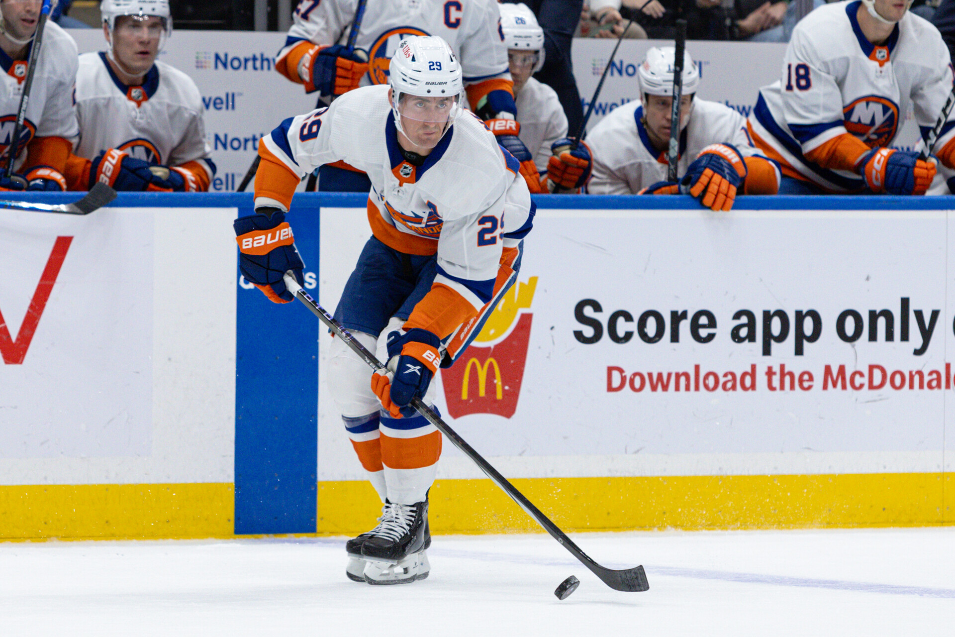 Oct 30, 2023; Elmont, New York, USA; New York Islanders center Brock Nelson (29) moves the puck against the Detroit Red Wings during the second period at UBS Arena.