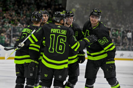 Oct 30, 2023; Dallas, Texas, USA; Dallas Stars center Joe Pavelski (16) and center Roope Hintz (24) and left wing Jason Robertson (21) and defenseman Esa Lindell (23) and defenseman Nils Lundkvist (5) celebrates a goal by Hintz against the Columbus Blue Jackets during the second period at the American Airlines Center.
